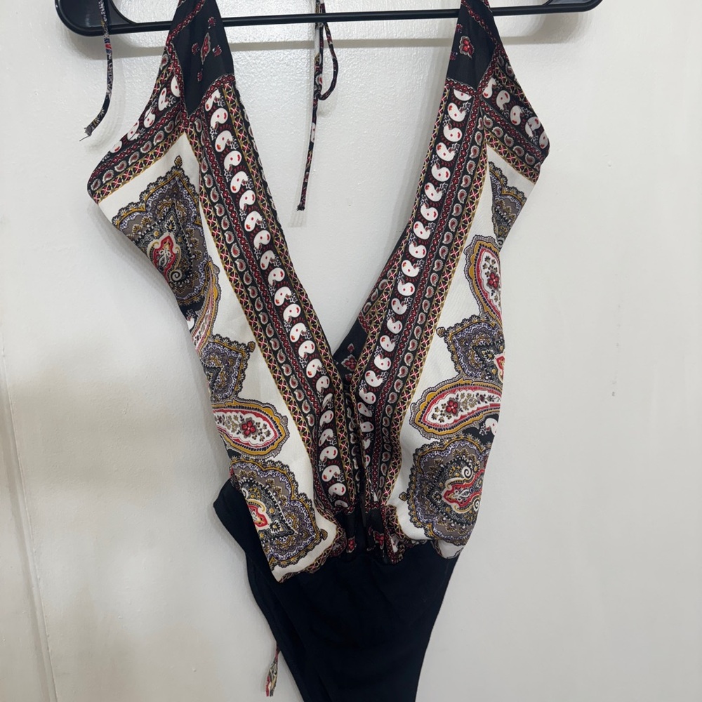 Black and White Backless Bodysuit with Tie Front